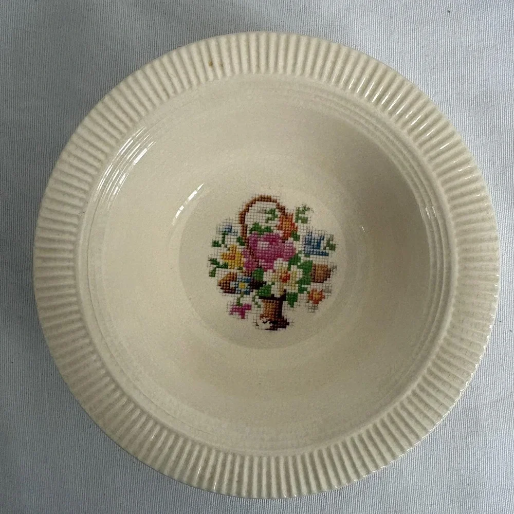 Salem China‎ Co Basket Cross Stitch Vintage 4pc Set Handled Plate Bowls Cream